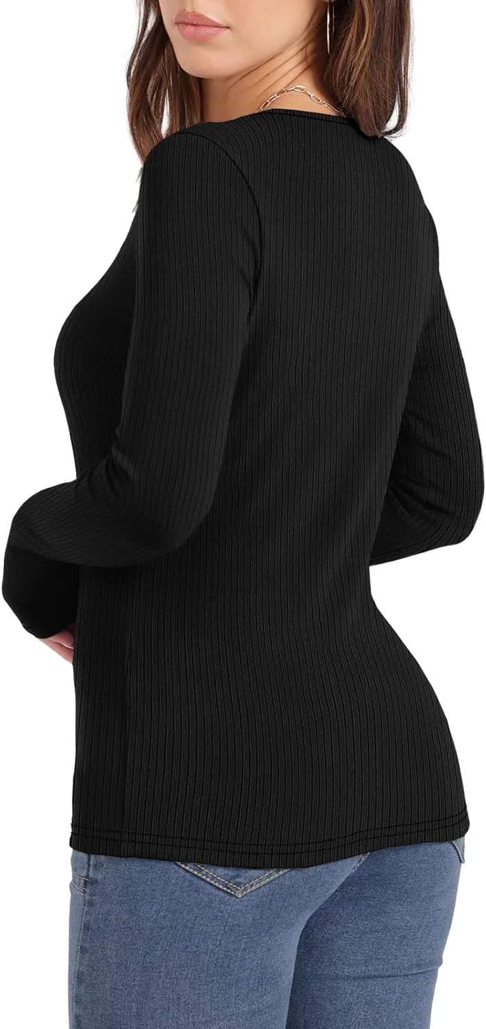 WIHOLL Women's Knit Ribbed Long Sleeve Shirts 2025 Spring Casual Crewneck Tops Slim Fitted Basic Tees