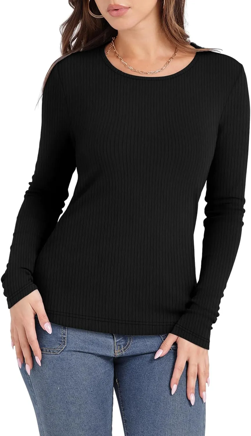 WIHOLL Women's Knit Ribbed Long Sleeve Shirts 2025 Spring Casual Crewneck Tops Slim Fitted Basic Tees
