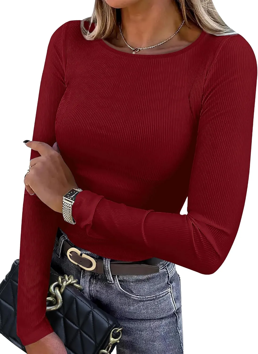 WIHOLL Women's Knit Ribbed Long Sleeve Shirts 2025 Spring Casual Crewneck Tops Slim Fitted Basic Tees
