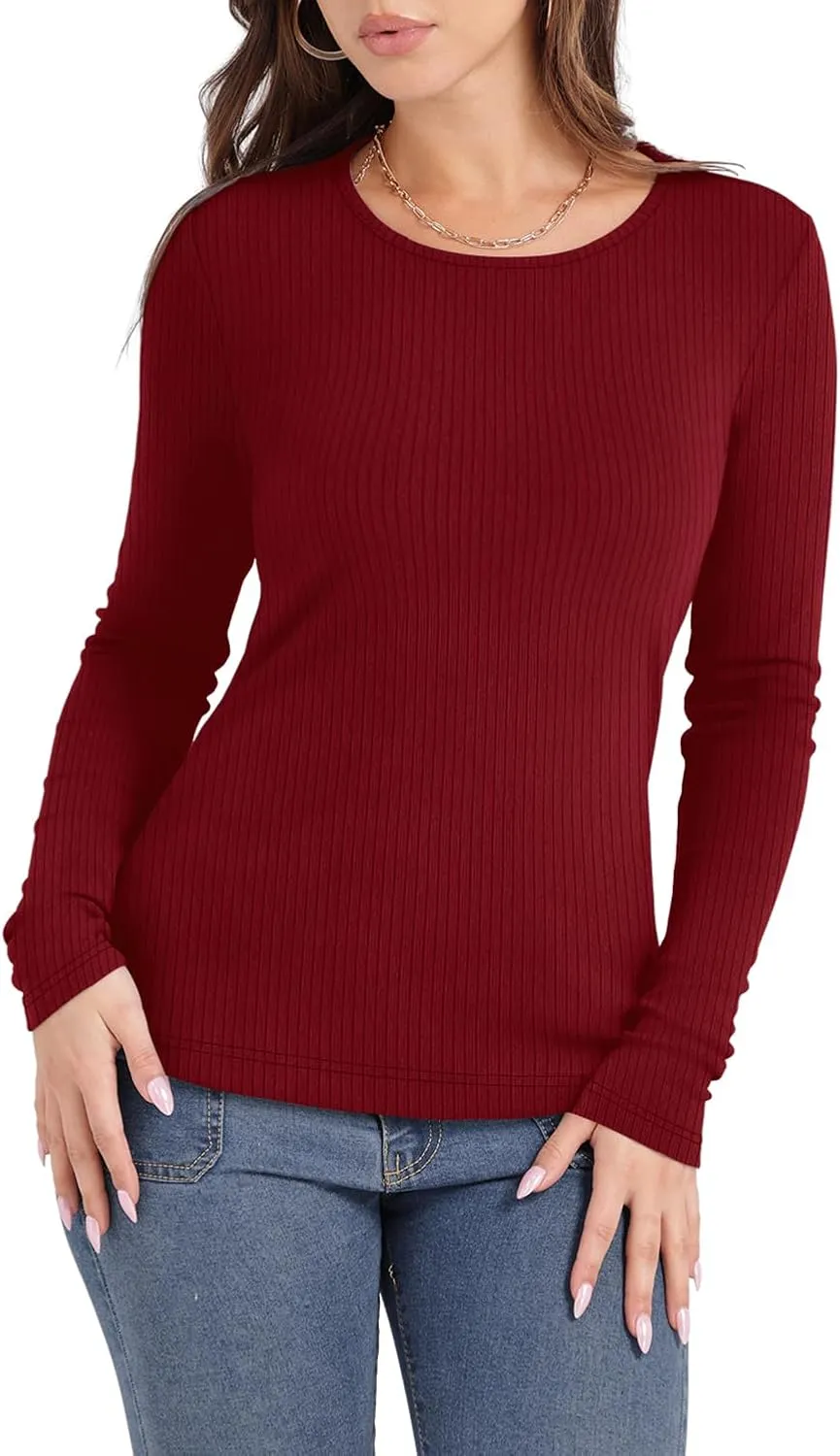 WIHOLL Women's Knit Ribbed Long Sleeve Shirts 2025 Spring Casual Crewneck Tops Slim Fitted Basic Tees