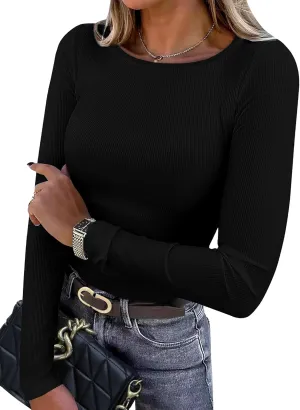 WIHOLL Women's Knit Ribbed Long Sleeve Shirts 2025 Spring Casual Crewneck Tops Slim Fitted Basic Tees