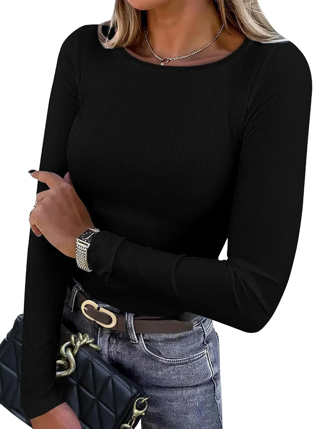 WIHOLL Women's Knit Ribbed Long Sleeve Shirts 2025 Spring Casual Crewneck Tops Slim Fitted Basic Tees
