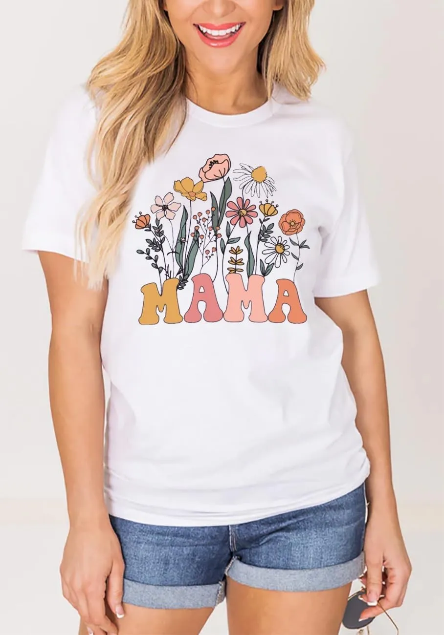 Wildflowers Mama Shirt Women Retro Floral Graphic Mom Tshirt Casual Loose Short Sleeve Tops Tee