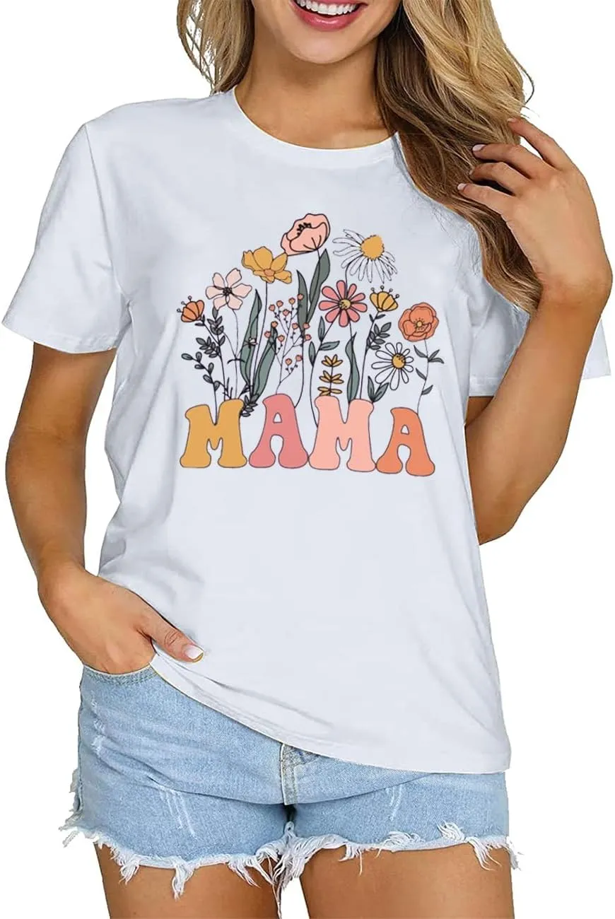 Wildflowers Mama Shirt Women Retro Floral Graphic Mom Tshirt Casual Loose Short Sleeve Tops Tee