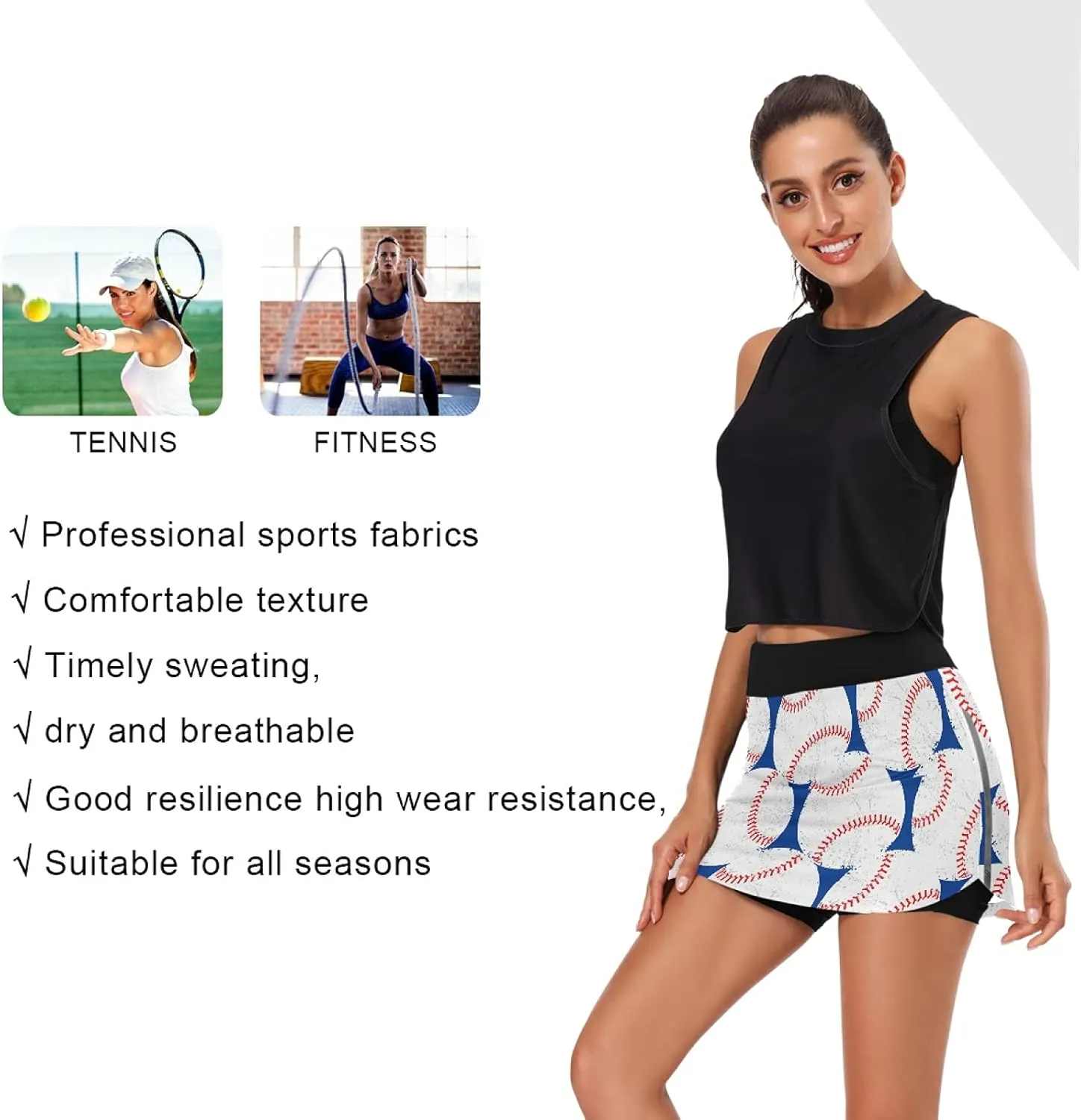 Women Athletic Skorts Baseballs Blue Sports Skirts with Pocket for Running