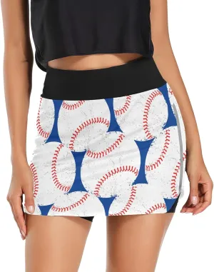 Women Athletic Skorts Baseballs Blue Sports Skirts with Pocket for Running