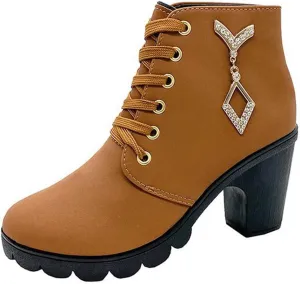 Women Chunky High Heel Ankle Boots, Lace Up Fur Outdoor Hiking Short Boot, Lightweight Snow Winter Warm Booties