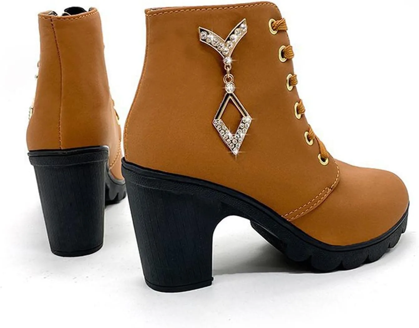 Women Chunky High Heel Ankle Boots, Lace Up Fur Outdoor Hiking Short Boot, Lightweight Snow Winter Warm Booties
