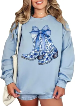 Women Cute Y2K Oversized Sweatshirt Long Sleeve Crewneck Bow Print Graphic Tees Fall Trendy Going Out Top Streetwear