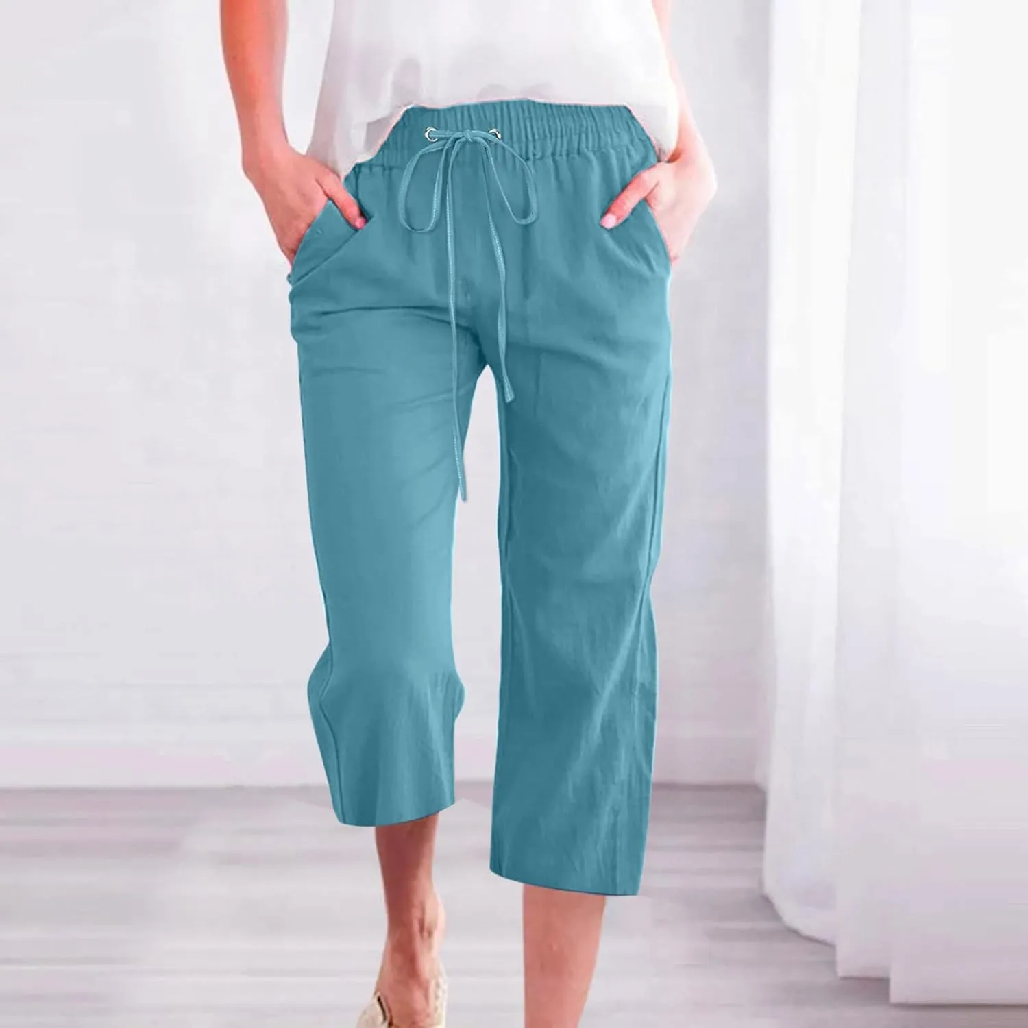 Women Dressy Casual Capri Pants for Women 2025 Summer Linen Pant Wide Leg Casual Cropped Trousers with Pockets