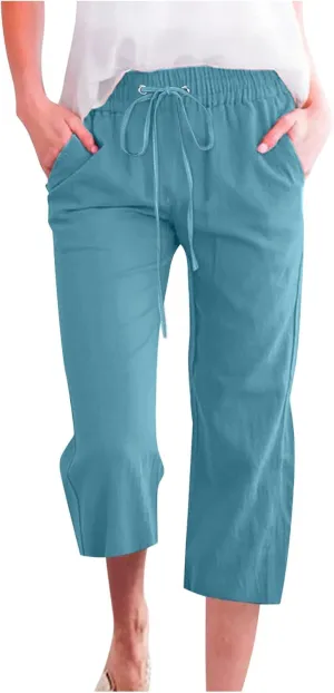 Women Dressy Casual Capri Pants for Women 2025 Summer Linen Pant Wide Leg Casual Cropped Trousers with Pockets
