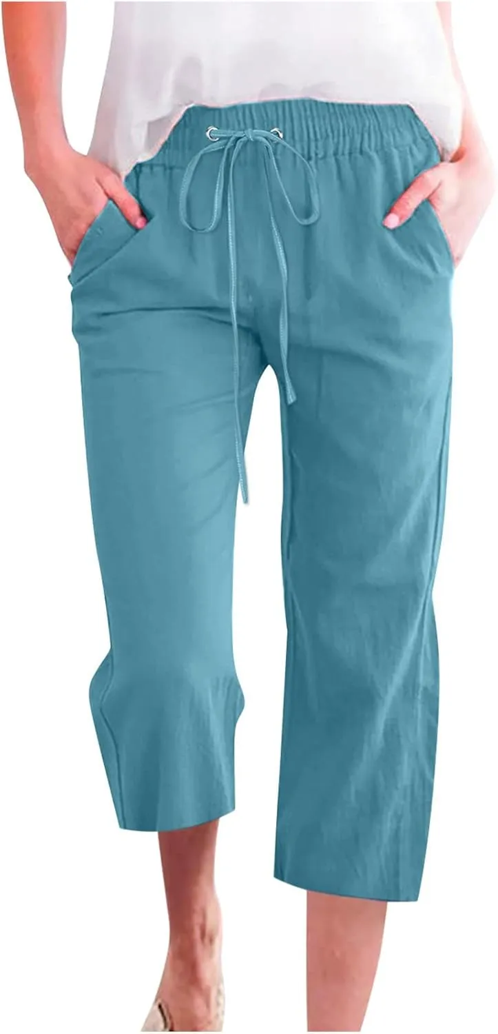 Women Dressy Casual Capri Pants for Women 2025 Summer Linen Pant Wide Leg Casual Cropped Trousers with Pockets