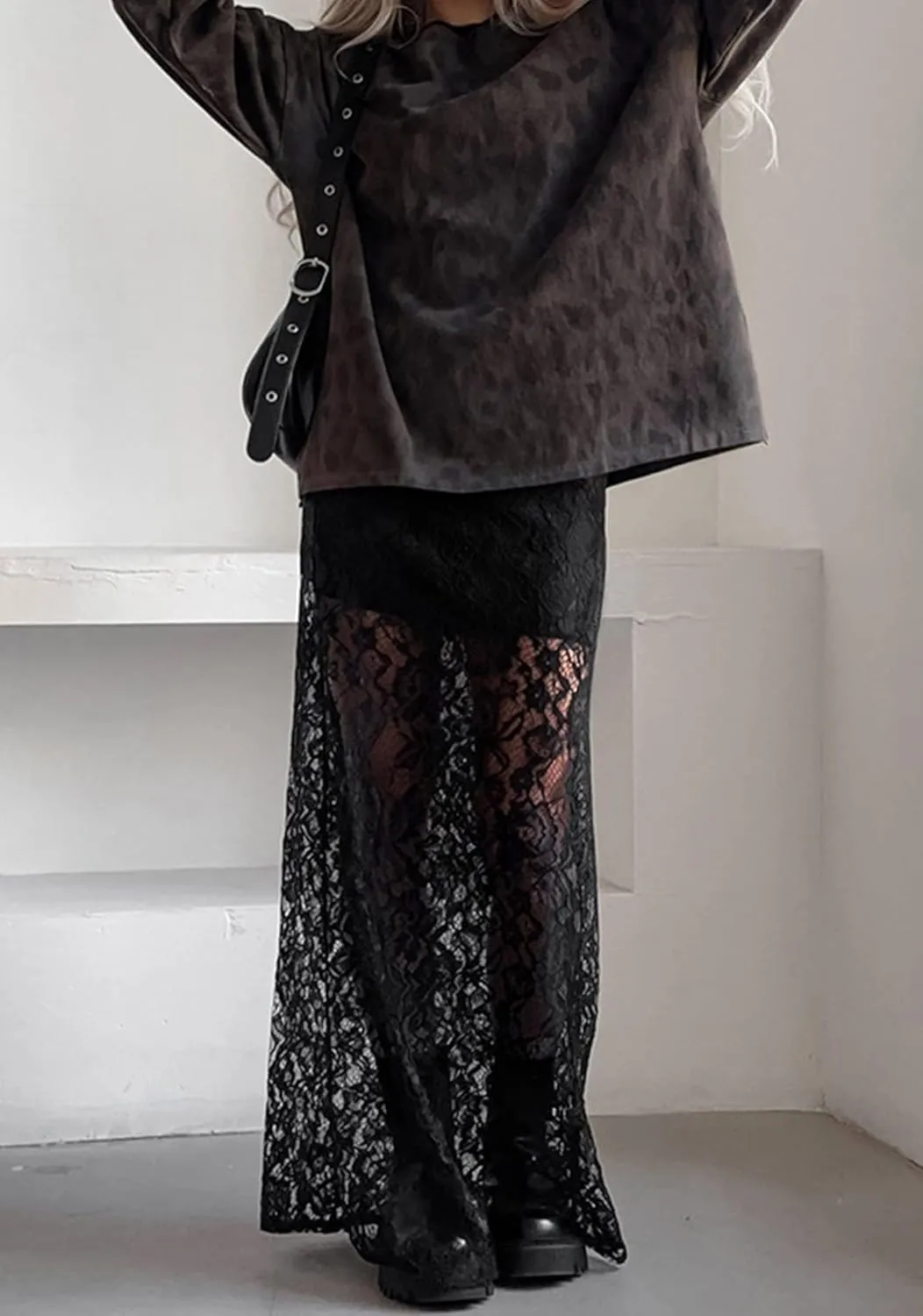 Women Floral Lace Long Skirt Summer See Through Sheer Lace Maxi Skirt High Waist Y2k A Line Midi Skirt Beachwear