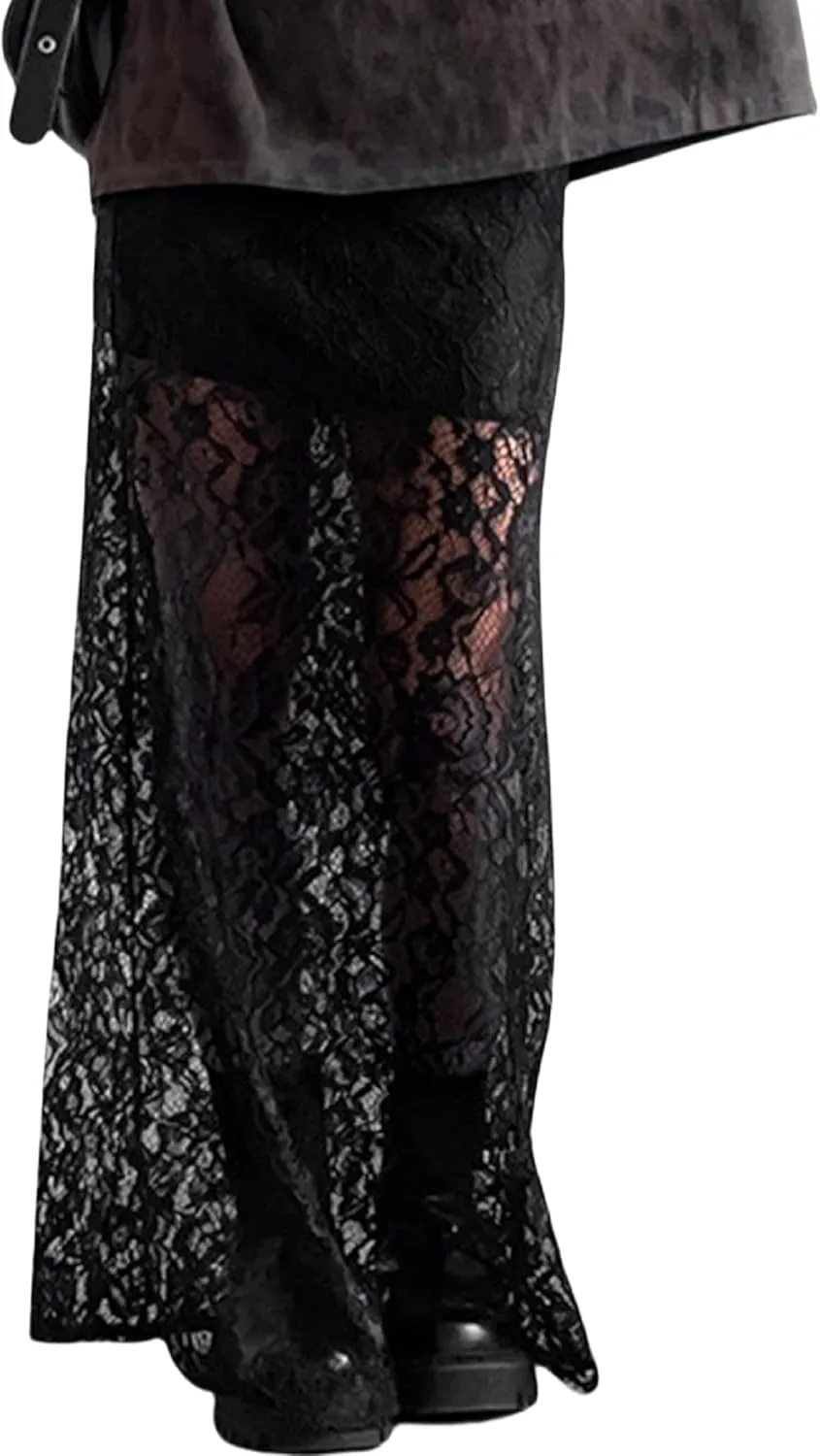 Women Floral Lace Long Skirt Summer See Through Sheer Lace Maxi Skirt High Waist Y2k A Line Midi Skirt Beachwear
