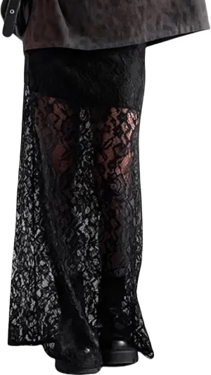 Women Floral Lace Long Skirt Summer See Through Sheer Lace Maxi Skirt High Waist Y2k A Line Midi Skirt Beachwear
