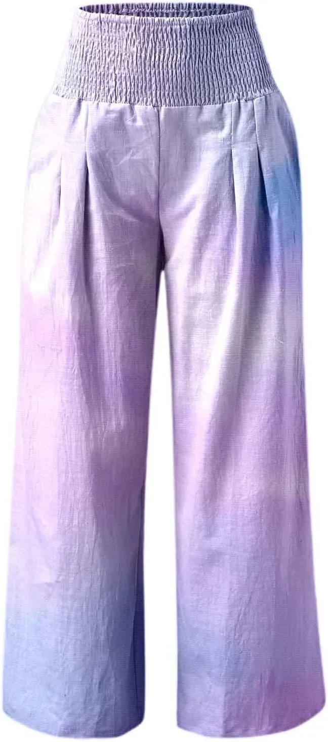 Women Linen Pants 2025 Summer Casual Loose Wide Leg Palazzo Pants Smocked High Waist Flowy Tie Dye Beach Trousers