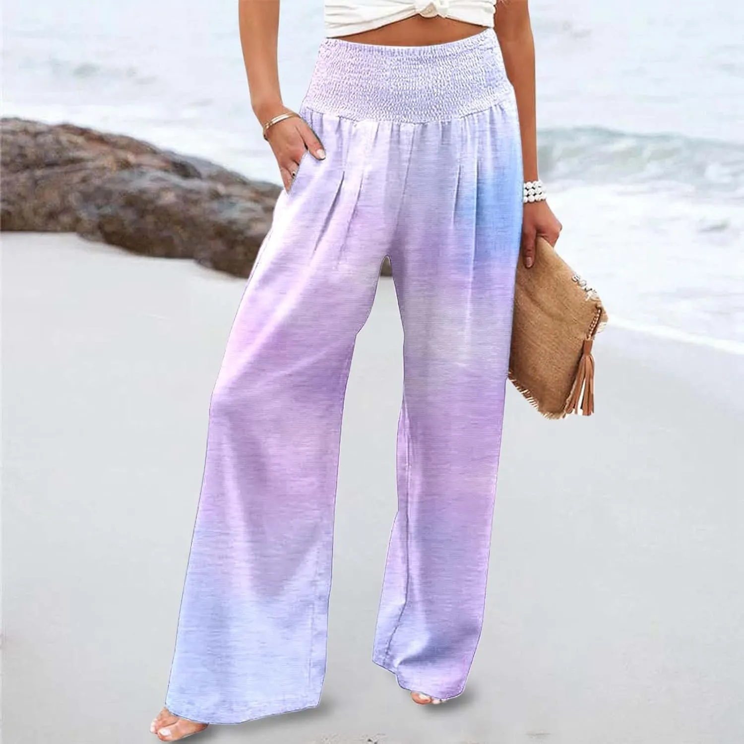 Women Linen Pants 2025 Summer Casual Loose Wide Leg Palazzo Pants Smocked High Waist Flowy Tie Dye Beach Trousers