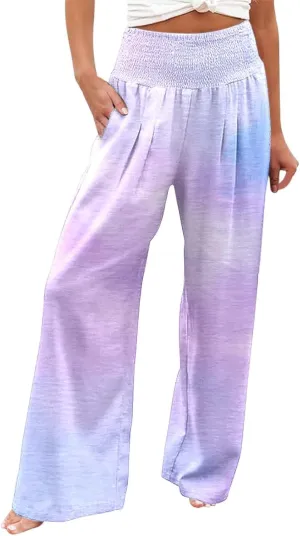 Women Linen Pants 2025 Summer Casual Loose Wide Leg Palazzo Pants Smocked High Waist Flowy Tie Dye Beach Trousers