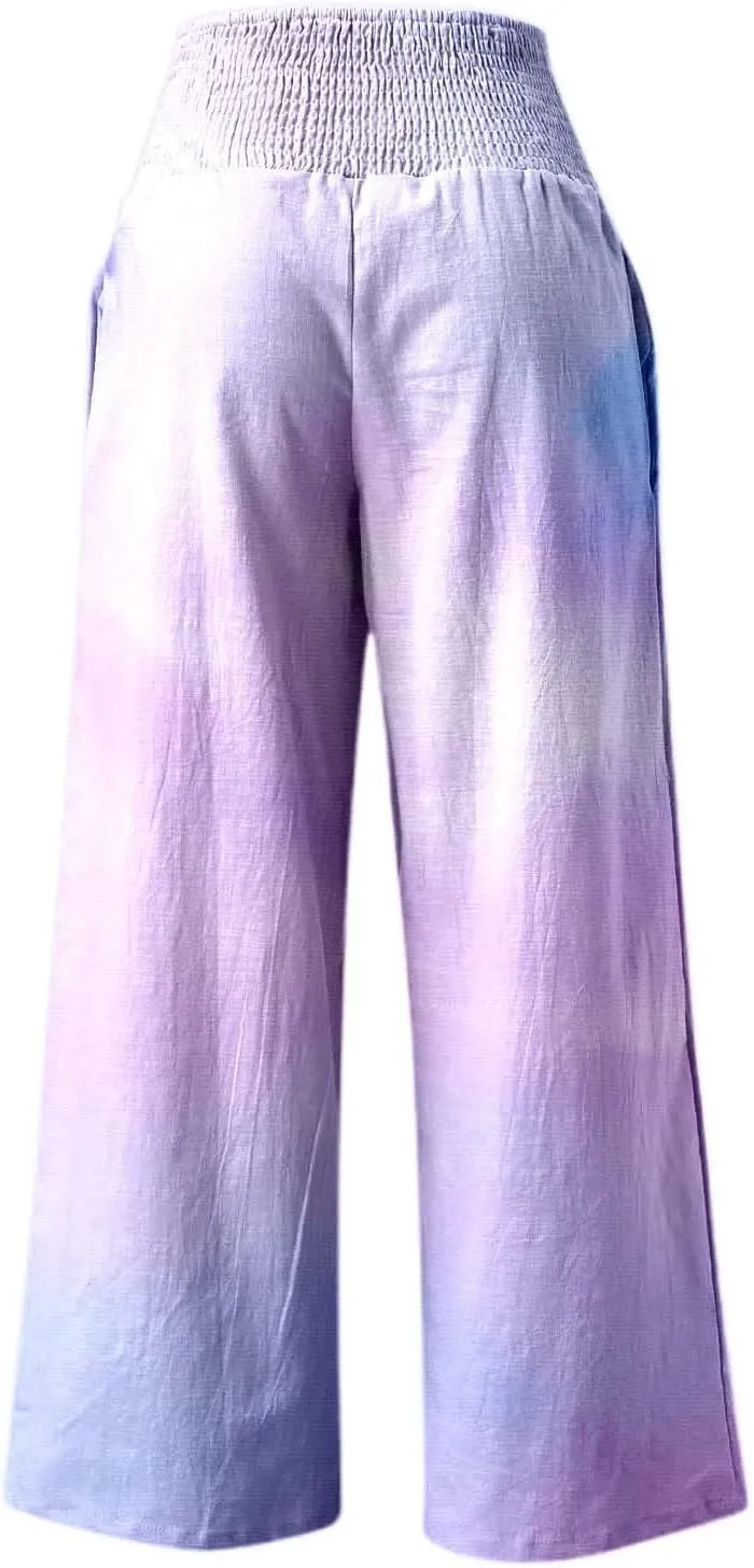 Women Linen Pants 2025 Summer Casual Loose Wide Leg Palazzo Pants Smocked High Waist Flowy Tie Dye Beach Trousers