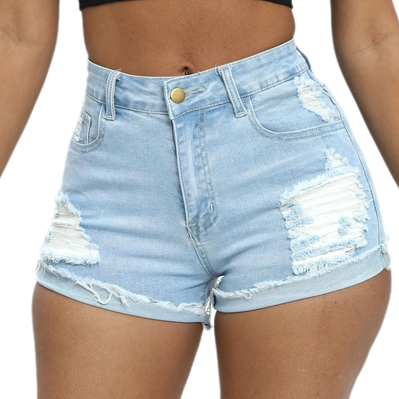 Women Mid Rise Stretchy Denim Shorts Ripped Hem Folded Frayed Distressed Short Jeans