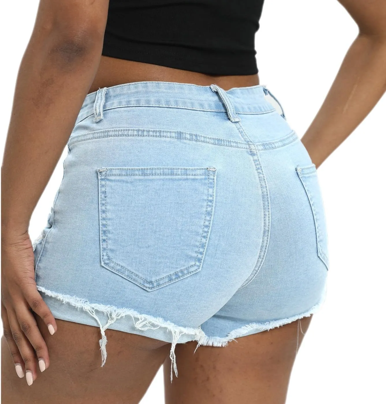 Women Mid Rise Stretchy Denim Shorts Ripped Hem Folded Frayed Distressed Short Jeans