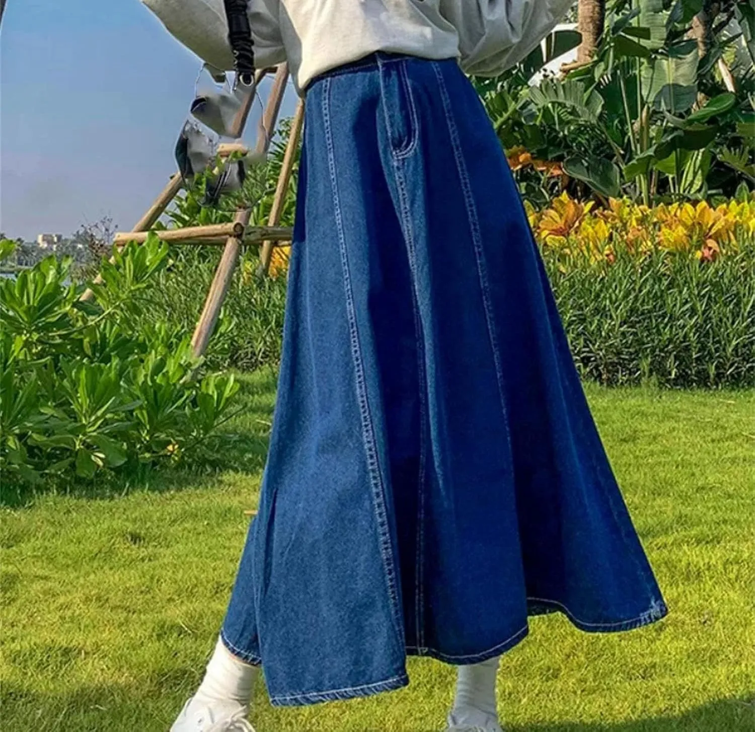 Women Splicing A-Line Ruffle Denim Skirt Summer Casual High Waisted Jean Skirt