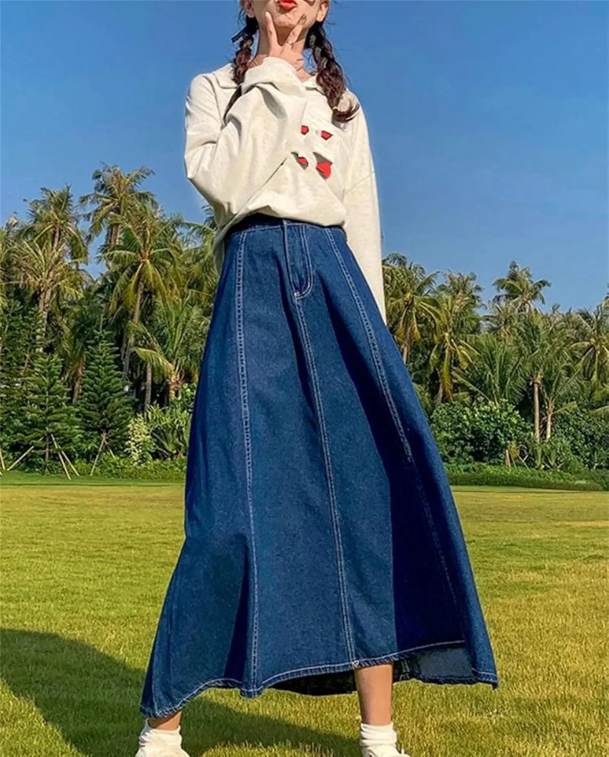 Women Splicing A-Line Ruffle Denim Skirt Summer Casual High Waisted Jean Skirt