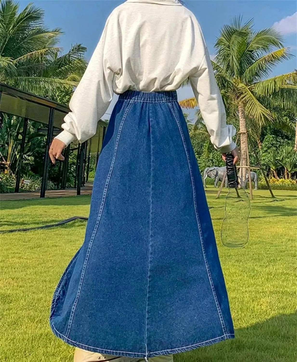 Women Splicing A-Line Ruffle Denim Skirt Summer Casual High Waisted Jean Skirt