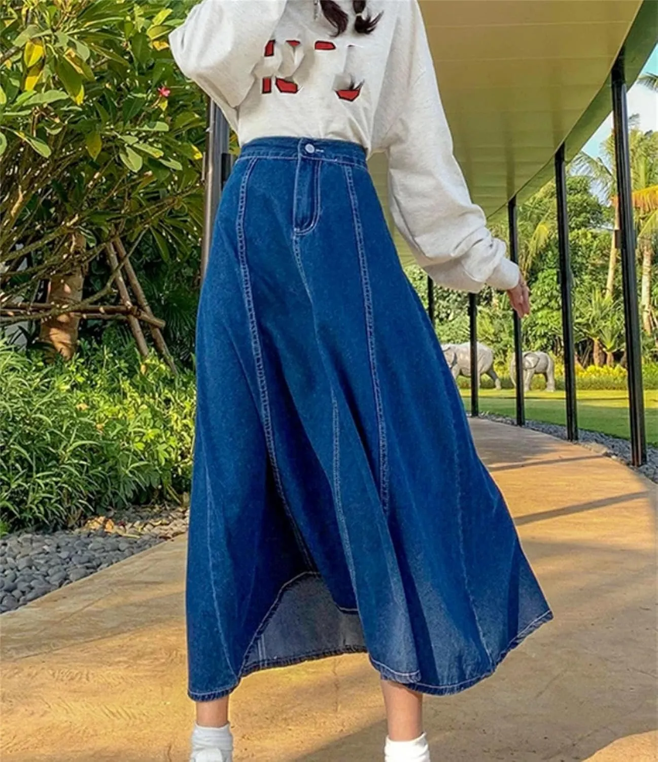 Women Splicing A-Line Ruffle Denim Skirt Summer Casual High Waisted Jean Skirt