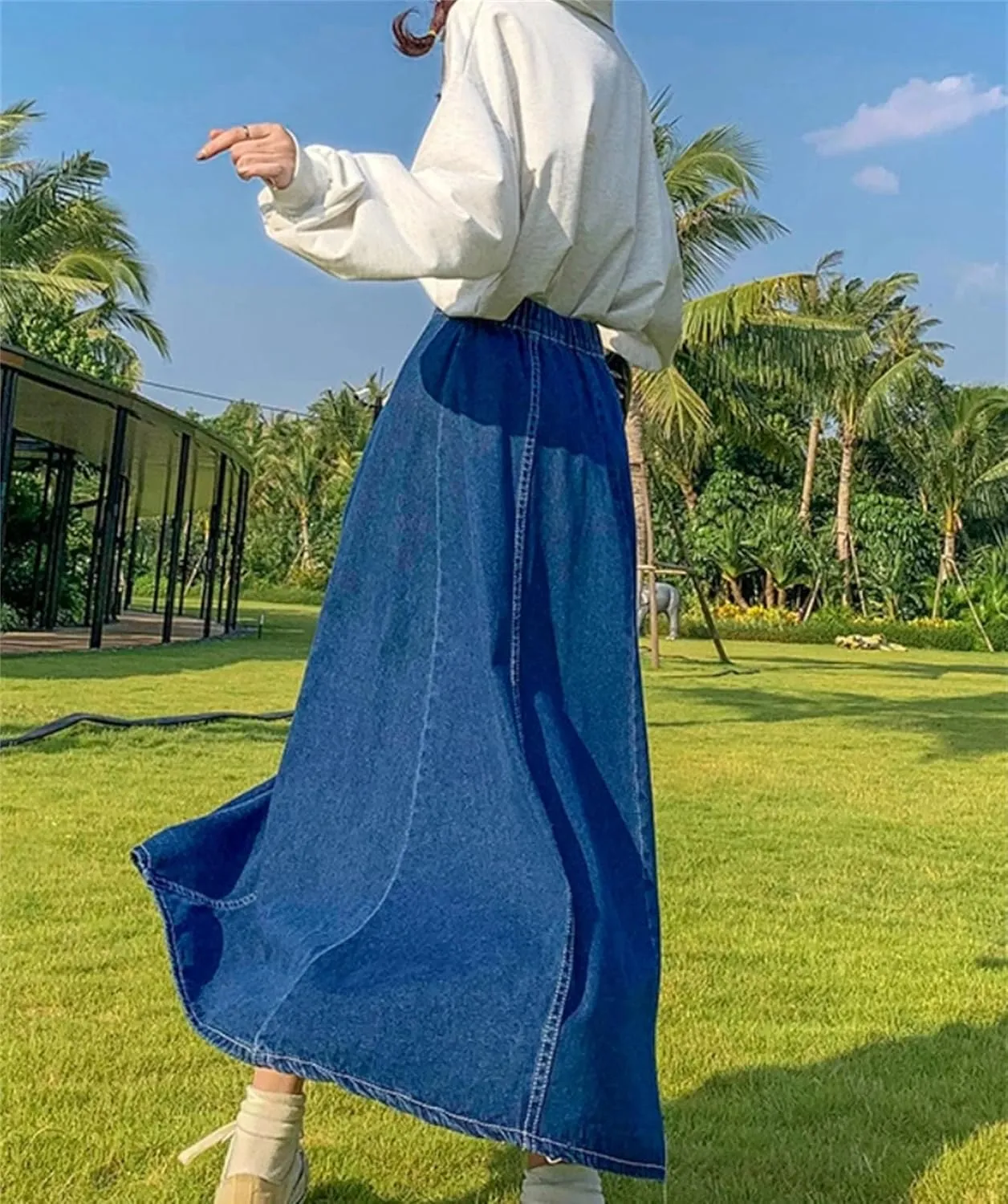 Women Splicing A-Line Ruffle Denim Skirt Summer Casual High Waisted Jean Skirt