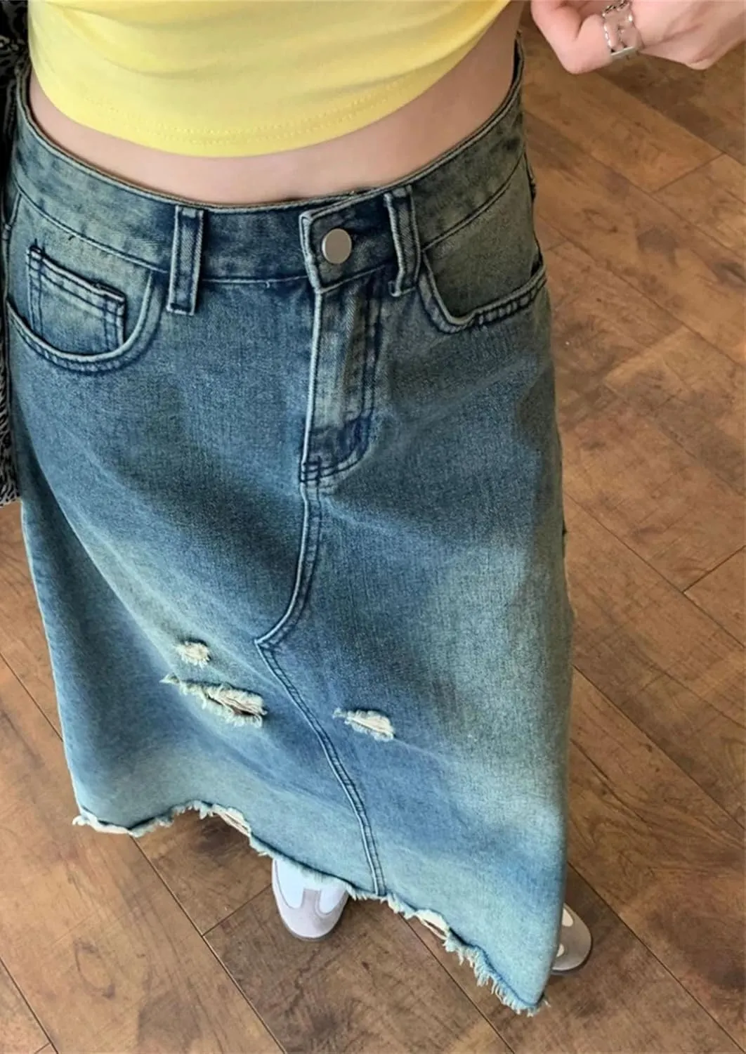 Women Tassel Long Denim Skirt Summer Vintage Broken Ripped High Waisted Jean Skirt