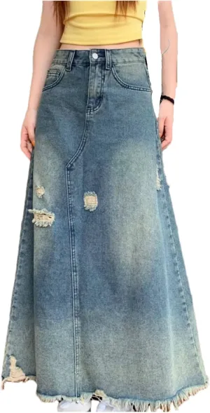 Women Tassel Long Denim Skirt Summer Vintage Broken Ripped High Waisted Jean Skirt