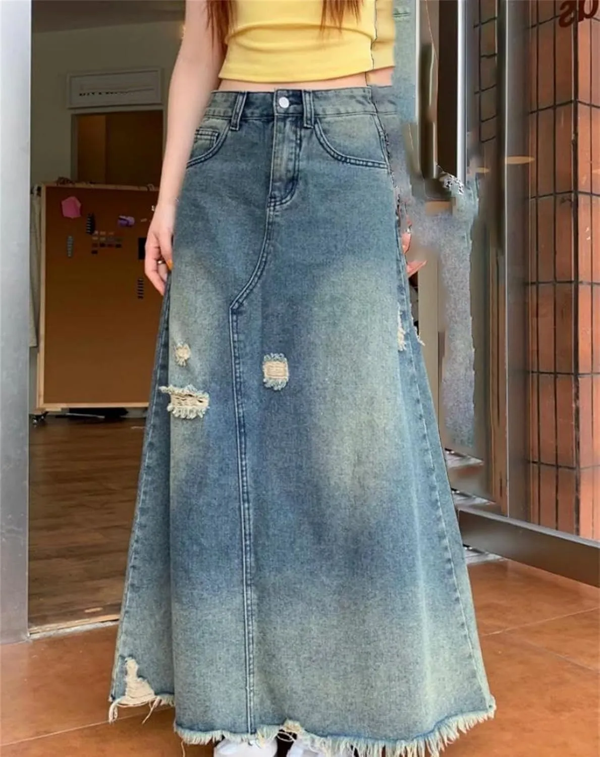 Women Tassel Long Denim Skirt Summer Vintage Broken Ripped High Waisted Jean Skirt