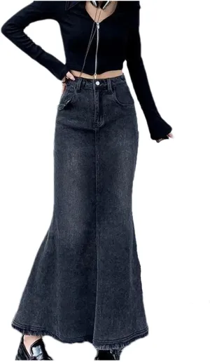 Women Trumpet Mermaid A Line Jeans Skirts Vintage High Waisted Do Old Midi Denim Skirts