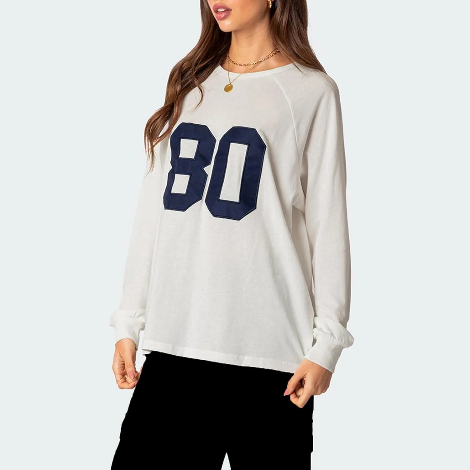 Women Y2k Number Print Jersey Top Oversized Long Sleeve Crewneck Sweatshirt Spring Going Out Streetwear