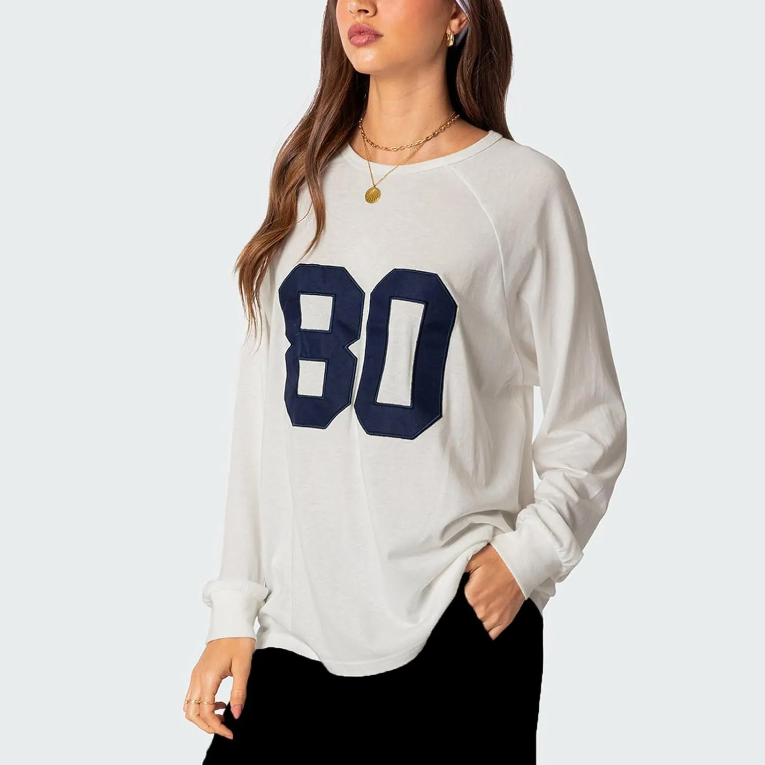 Women Y2k Number Print Jersey Top Oversized Long Sleeve Crewneck Sweatshirt Spring Going Out Streetwear