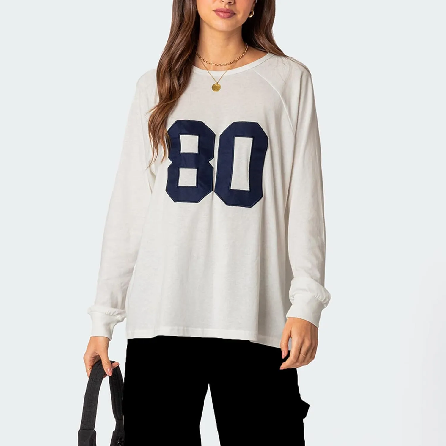 Women Y2k Number Print Jersey Top Oversized Long Sleeve Crewneck Sweatshirt Spring Going Out Streetwear