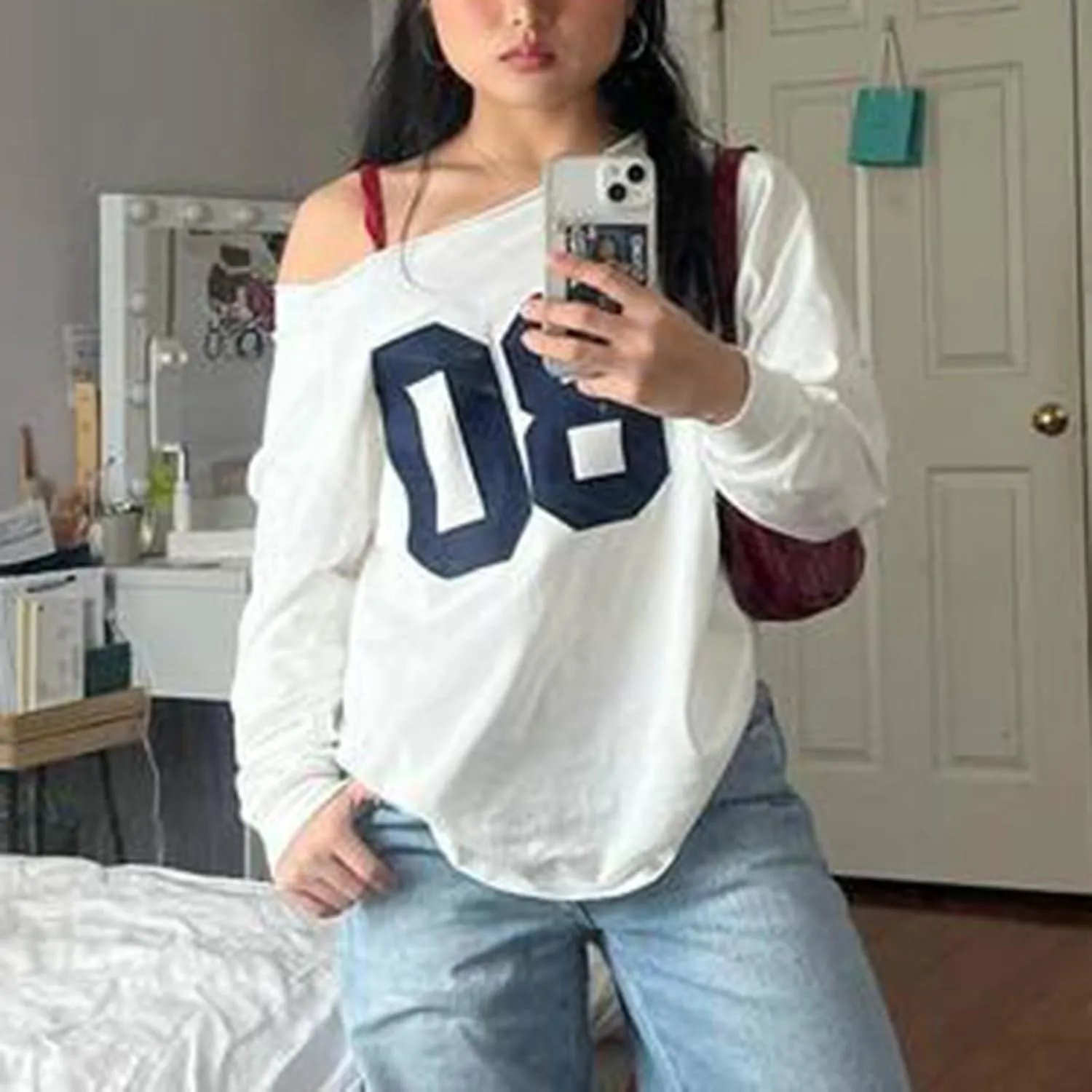 Women Y2k Number Print Jersey Top Oversized Long Sleeve Crewneck Sweatshirt Spring Going Out Streetwear