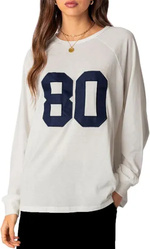Women Y2k Number Print Jersey Top Oversized Long Sleeve Crewneck Sweatshirt Spring Going Out Streetwear