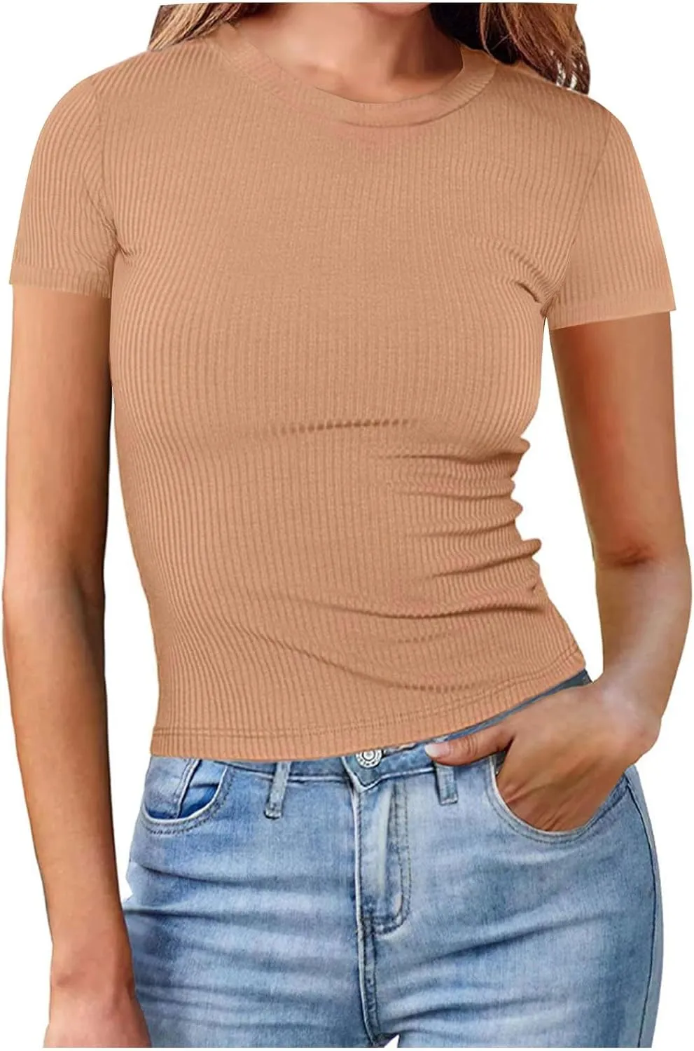 Womens Basic Teen Tees Summer Tops for Women 2024 Workout Crewneck Short Sleeve Slim Fitted Casual Crop T Shirts