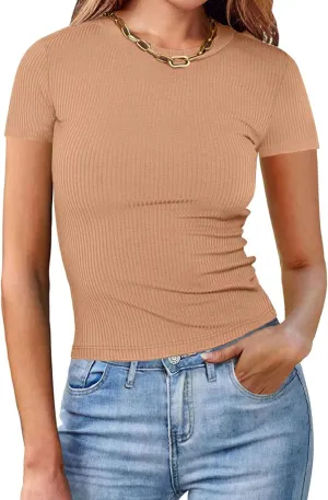 Womens Basic Teen Tees Summer Tops for Women 2024 Workout Crewneck Short Sleeve Slim Fitted Casual Crop T Shirts
