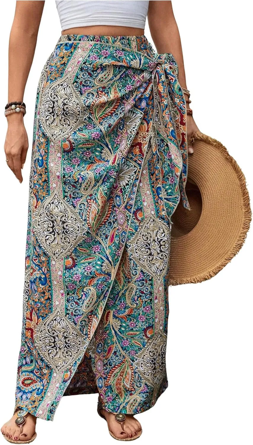 Women's Boho Paisley Print High Waisted Wrap Skirt Split Summer Maxi Long Skirt