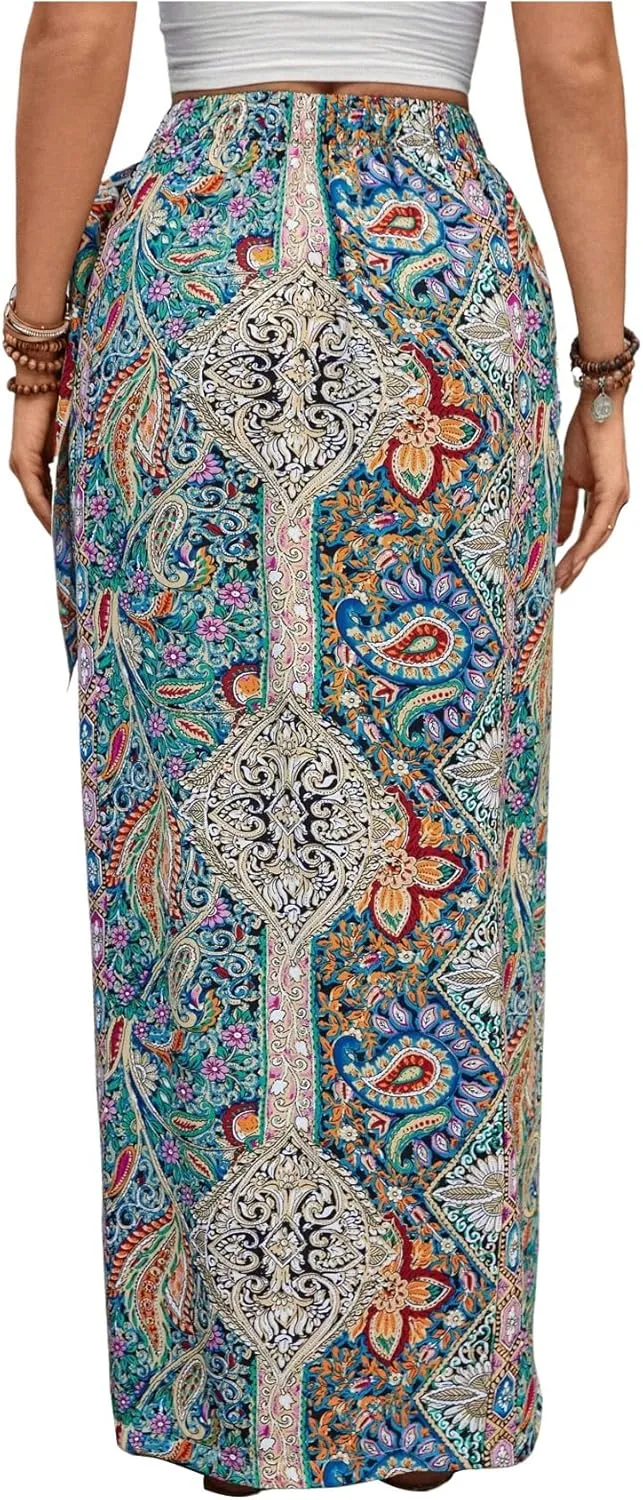Women's Boho Paisley Print High Waisted Wrap Skirt Split Summer Maxi Long Skirt