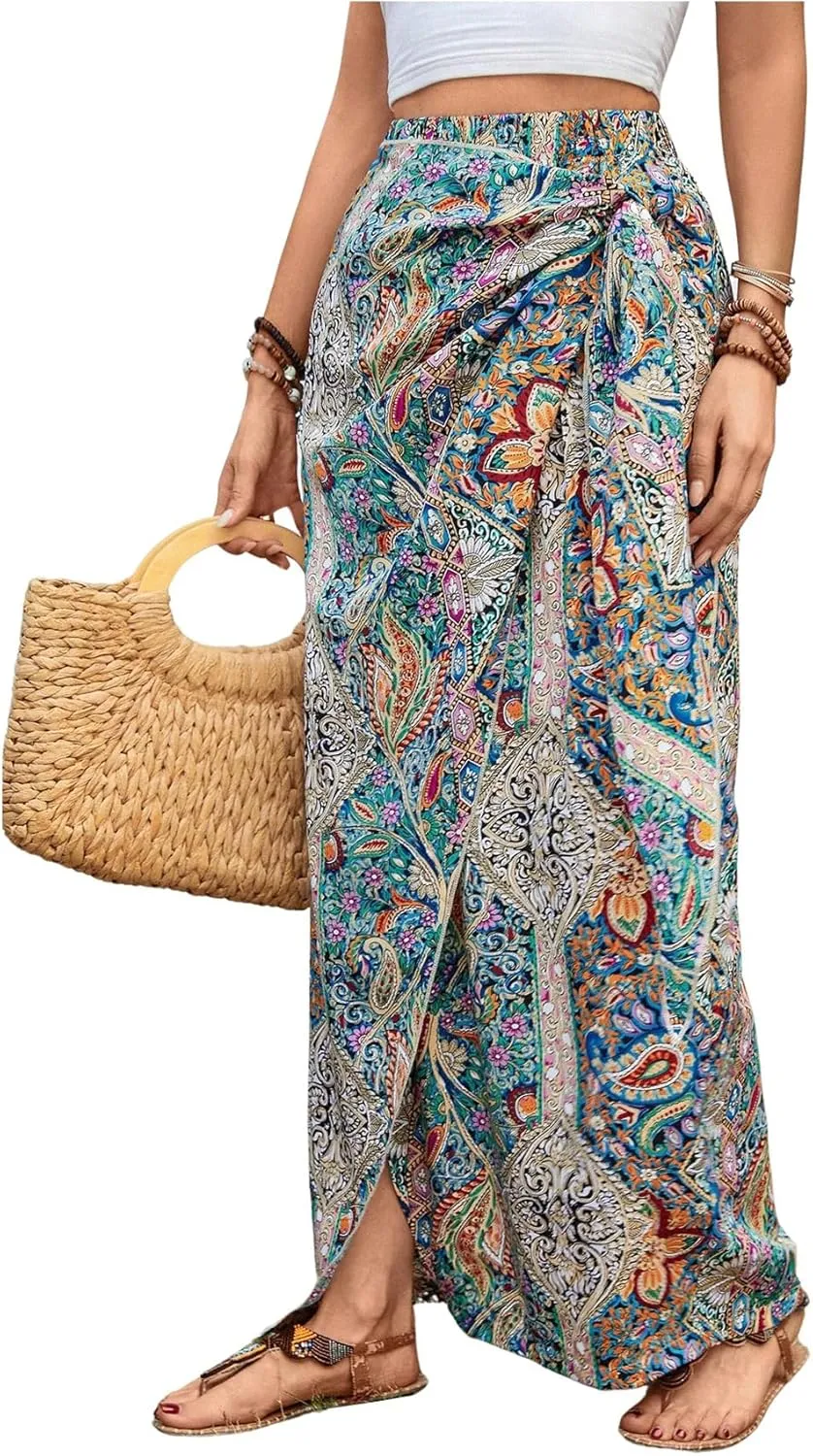 Women's Boho Paisley Print High Waisted Wrap Skirt Split Summer Maxi Long Skirt