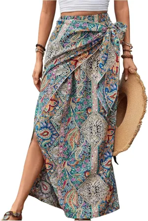 Women's Boho Paisley Print High Waisted Wrap Skirt Split Summer Maxi Long Skirt