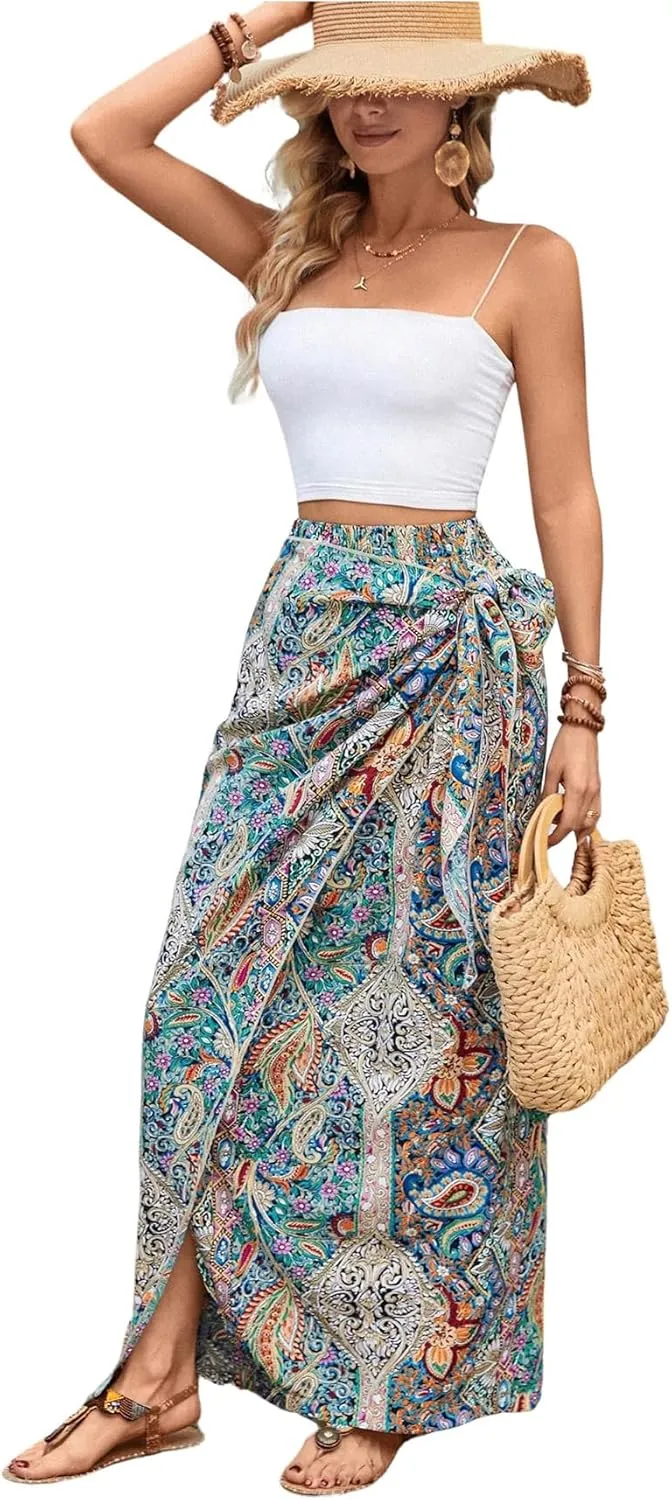 Women's Boho Paisley Print High Waisted Wrap Skirt Split Summer Maxi Long Skirt
