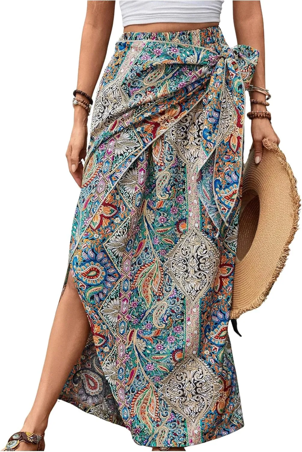 Women's Boho Paisley Print High Waisted Wrap Skirt Split Summer Maxi Long Skirt