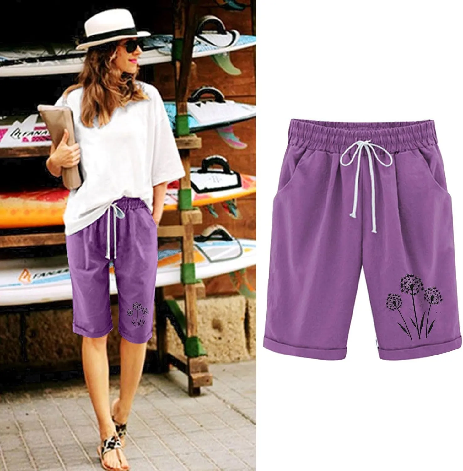 Womens Capris for Summer Cotton Linen Pants High Waistd Drawstring Linen Casual Loose Casual Trouser with Pockets