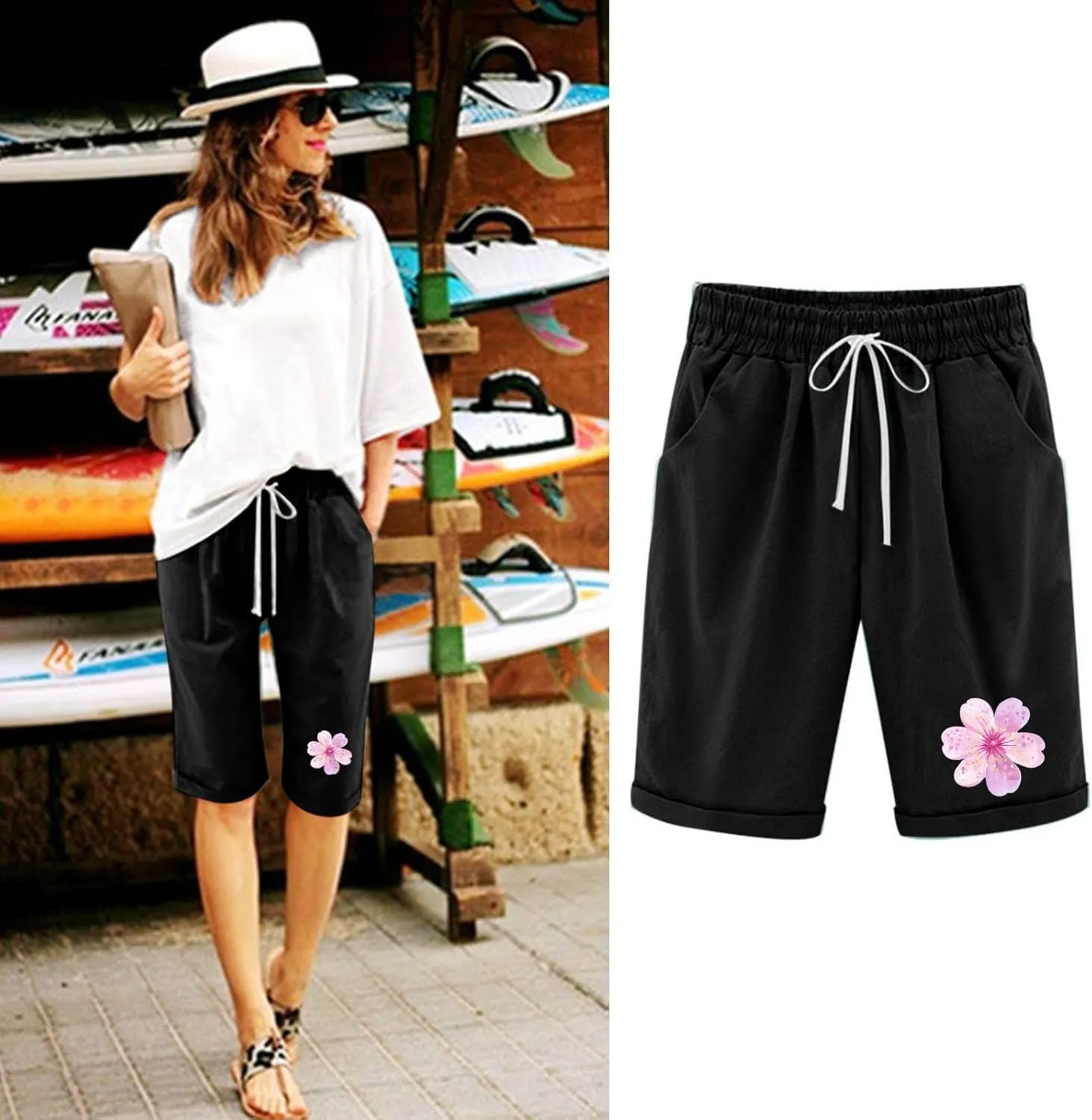Womens Capris for Summer Cotton Linen Pants High Waistd Drawstring Linen Casual Loose Casual Trouser with Pockets