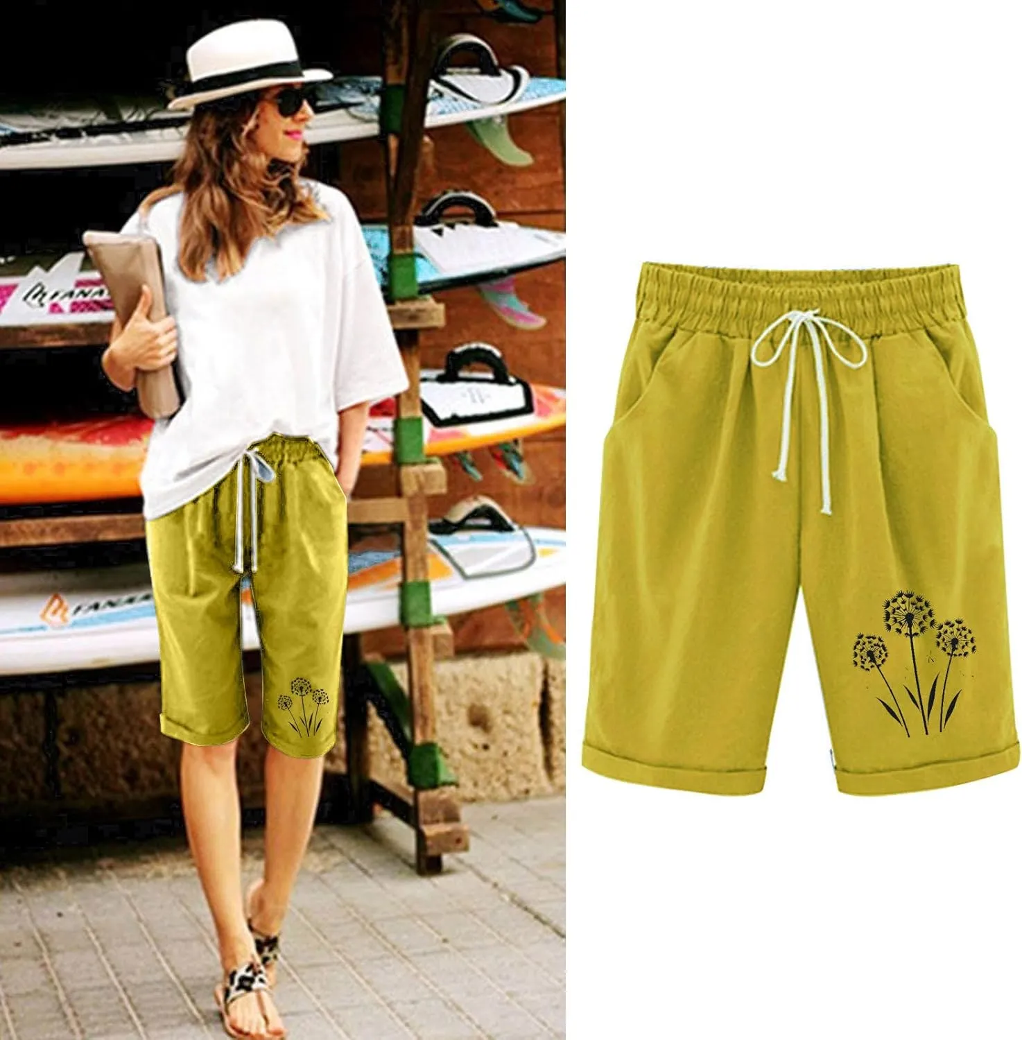 Womens Capris for Summer Cotton Linen Pants High Waistd Drawstring Linen Casual Loose Casual Trouser with Pockets